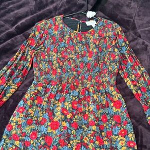 Smocked Floral Long Sleeve Dress in Red, Blue & Yellow
